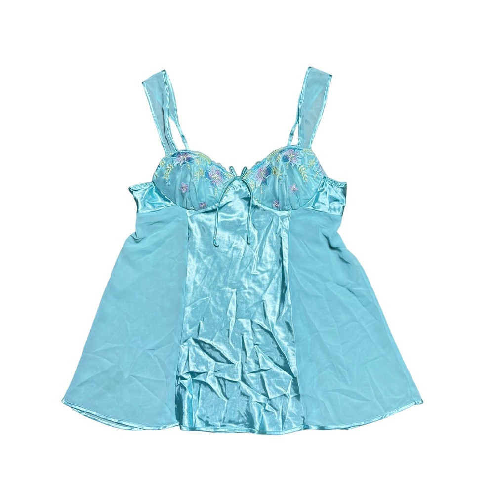 Cinema Etoile Blue Satin Mesh Floral Embroidered Babydoll